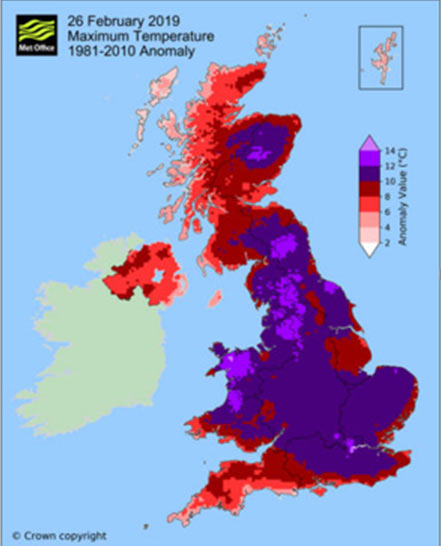 Met Office map that shows temperatures double what they are expected to be in winter